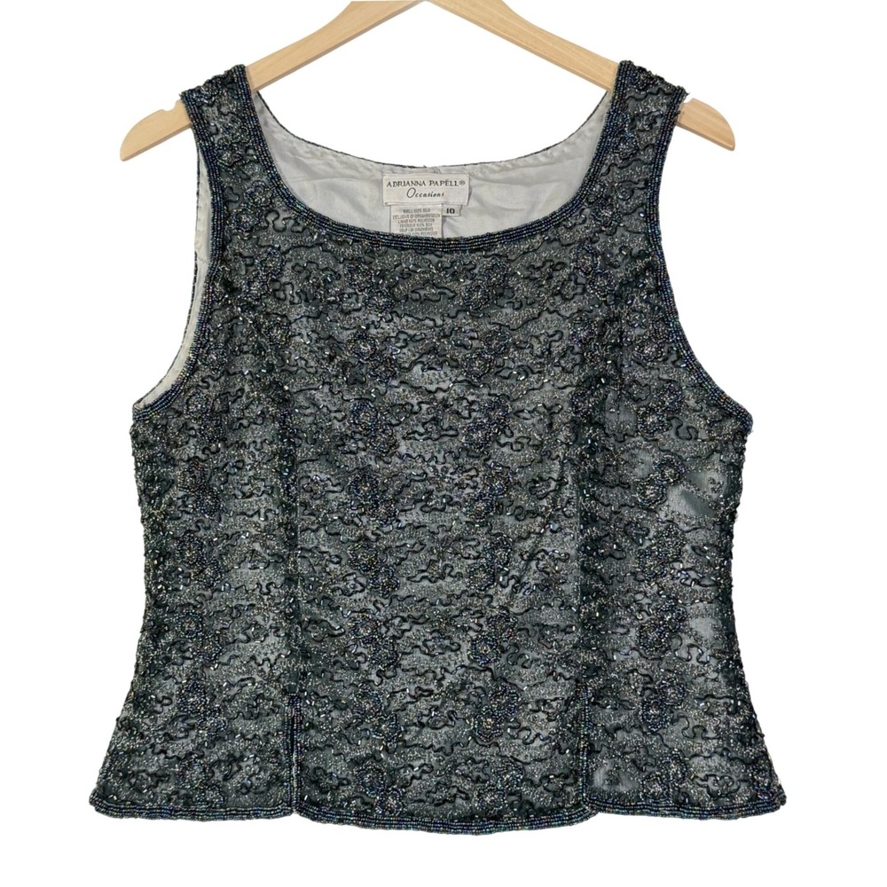 Adrianna Papell Occasions Womens Size 10 Gray Silk Beaded Top Cocktail Y2K